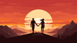 Vector art background illustrating the bond of friendship  with silhouettes of friends holding hands against a sunset sky. simple minimalist illustration creative