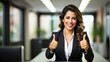 © Arceli - Portrait of an mexican executive business manager owner woman smiling on the camera and with thumbs up from Generative AI
