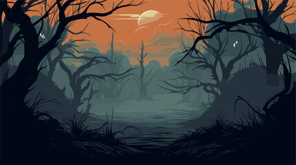 Canvas Print - Spooky forest vector art with gnarled trees  mist  and lurking creatures  creating a mysterious and haunting ambiance perfect for Halloween. simple minimalist illustration creative