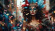 A photo capturing the image of a woman wearing a carnival mask, standing amidst a shower of multi-colored confetti.