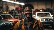 Young black african car repair man on the garage warehouse smiling to camera from Generative AI