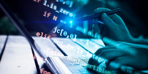 Running Computer data programming. Coding script text on screen.