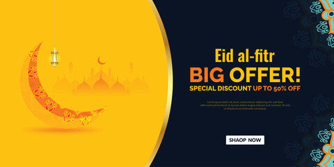 Wall Mural - Eid Mubarak big sale offer banner or poster design with mosque or lantern yellow and blue color Islamic background social media banner vector illustration
