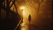 Mysterious Journey: Silhouetted Figure in Foggy Urban Twilight Silhouette of a person walking, foggy street, glowing street lamp, dusk or dawn, moody atmosphere, leafless trees, urban setting