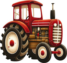 Red Tractor Isolated On White, Old Red Tractor, Farm, Storybook Style