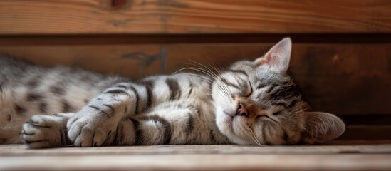 Wall Mural - American shorthair cat peacefully slumbering on wooden texture.