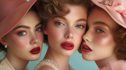 Wall Mural - Vintage makeup showcase. Three young women up close in studio portraits.