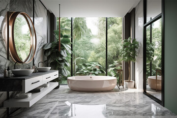 luxury modern bathroom with rich natural light wooden beams and minimalist features views of pine forest	