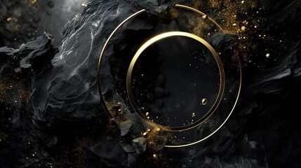 Sticker - Abstract black background with stone texture and golden ring with gold dust
