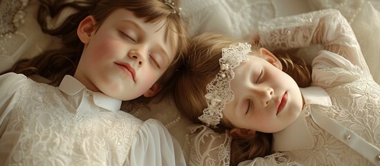 Sticker - Children in communion attire lying on their backs.