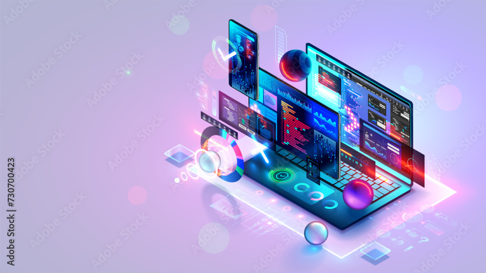 Software develop, web design, coding isometric concept banner. Computer ...