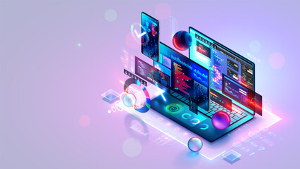 Leinwandbilder - Software develop, web design, coding isometric concept banner. Computer technology for creat software, code programs of mobile cross platform app. Digital technology of Internet software development