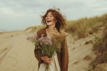 young female laughing, holding wildflowers, walking on a sandy beach