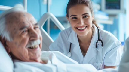 Positive interaction between healthcare worker and senior patient. Friendly medical consultation in a hospital.