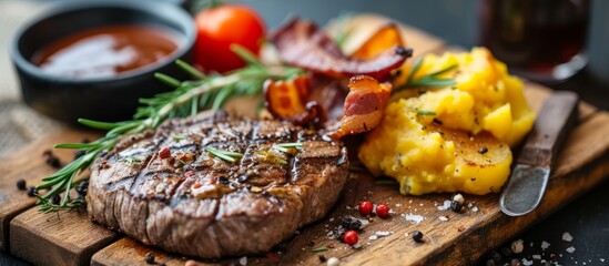 Wall Mural - Delicious grilled meat served for lunch with rosemary, mashed potatoes, bacon, and mustard sauce in a gourmet restaurant.