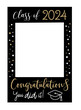 Graduate photo booth frame. Props with Class of 2024. Selfie frame. Kit for graduation party. Decorations party supplies. Graduation party photo booth frame. Gold and black vector illustration.