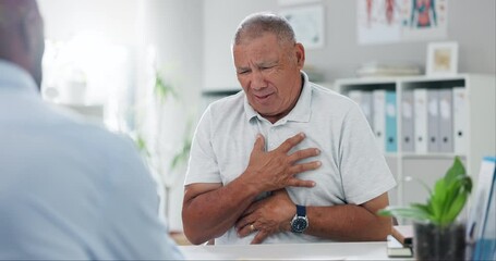 Poster - Senior, man and consulting doctor on chest pain, sore or discomfort in healthcare hospital. Mature, male person or patient talking to medical employee for heart ache, breathing or illness at clinic