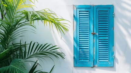 Wall Mural - Green palm leaves and a blue wooden window shutter on a white wall background