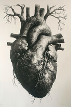 Lithography Print Of A Human Heart With Elements Of Robots And Elements Of Natural Such As Roots And Tree Branches, Cutaway View, In The Style Of John Darkow, Black And White, Hyperrealism, Embroidery