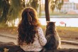 © Nadzeya - Rear view of a small sad lonely child with a cat sitting in a city park and looking at the city