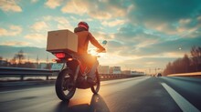 A food delivery worker carries a box of food and drives a bigbike on the expressway while doing front wheel lifts. The vehicle is equipped with a rack and top box, concept. Fast food delivery service,