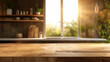 © Sun - Empty Beautiful wood table top and sunlight modern kitchen interior background, Ready for product montage.