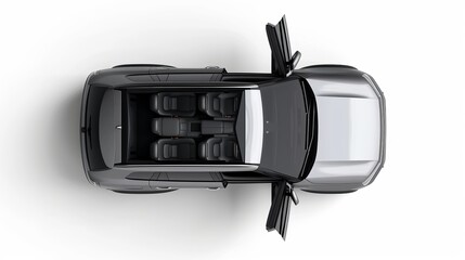 isolated simple and metallic SUV car with open doors from top view on a white background that is easily removable.