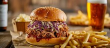 A burger made with homemade BBQ pulled pork, served with coleslaw, fries, and beer.