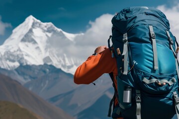 Wall Mural - hiker adjusting straps of backpack with mountain peak in background