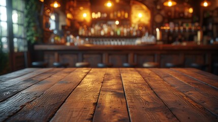 Wall Mural - Rusty, empty wooden table. Vintage pub interior. Dark wood counter. Restaurant space. Abstract bar scene