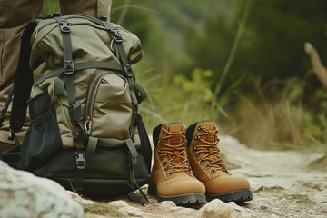 Wall Mural - closeup of backpack on rocky trail with boots beside it