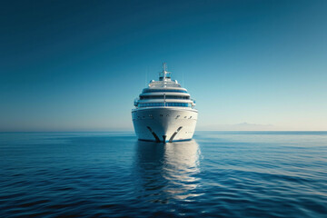 Wall Mural - Luxury cruise ship sailing on calm ocean at dawn. Travel and leisure.