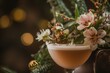 closeup of a sophisticated cocktail garnished with a floral arrangement