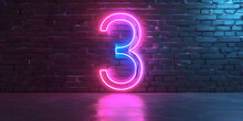 3d Neon Light Number Three Glowing In The Dark, Pink Blue Neon Light Digital Number 3, Copy Space