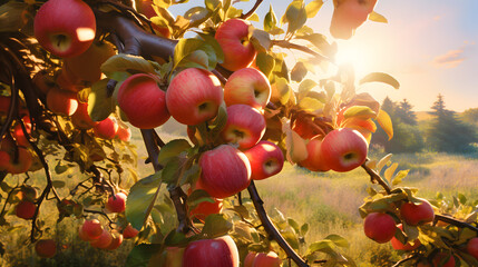 Wall Mural - Ripe apples farm sunlight hitting on apple tree