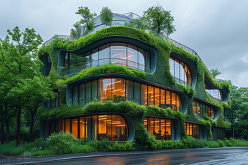 Wall Mural - Eco-friendly building in the modern city. Sustainable glass office building with tree for reducing carbon dioxide. Office building with green environment. Corporate building reduce CO2.