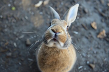 Wall Mural - rabbit ears up, sniffing camera from above