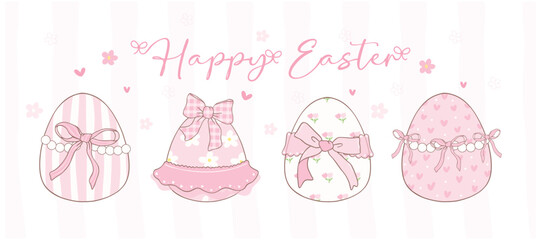 Wall Mural - Cute Pink Coquette Easter eggs Cartoon banner, sweet Retro Happy Easter spring animal Hand Drawing.