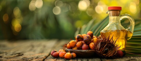 Wall Mural - Close-up view of Palm Oil fruits and Cooking Oil