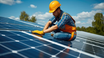 Aufkleber - Solar panel technician with drill installing solar panels on house roof during the assembly of a photovoltaic system installation. Generative AI.