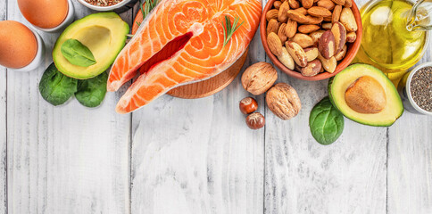 Wall Mural - Set of food with healthy fats and omega-3, Superfood high vitamin e and dietary fiber. Long banner format. top view