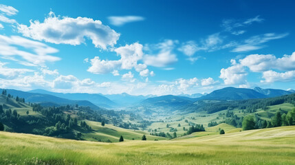 Wall Mural - Serene mountain landscape with lush meadows under blue sky