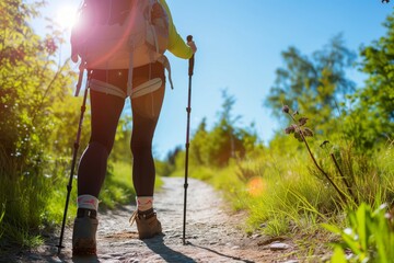 Wall Mural - person with poles and backpack on sunny trail