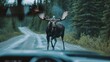 Moose suddenly jumps onto the road in front of a moving car