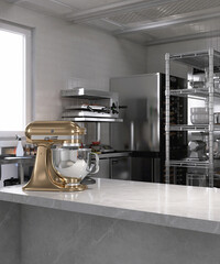 new gold professional kneading machine on white marble counter table in commercial bakery kitchen wi