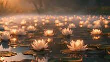 Lotus On The Water At Night With Light From Candlelight.