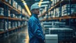 A man in wearing a blue coverall working in a warehouse. Generative AI.