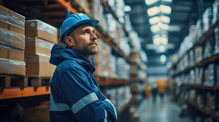 Aufkleber - A man in wearing a blue coverall working in a warehouse. Generative AI.