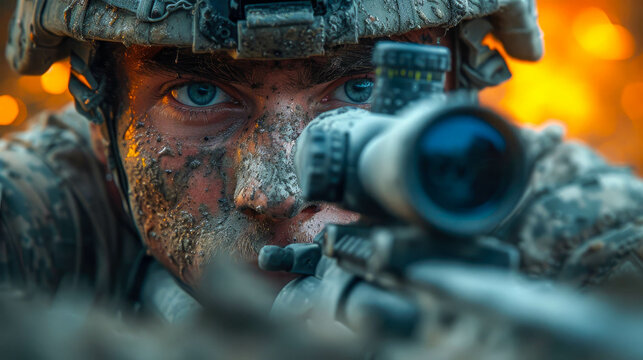 Portrait of a special forces soldier on a background of fire