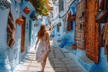 Young woman with dress visiting the blue city Chefchaouen, Marocco